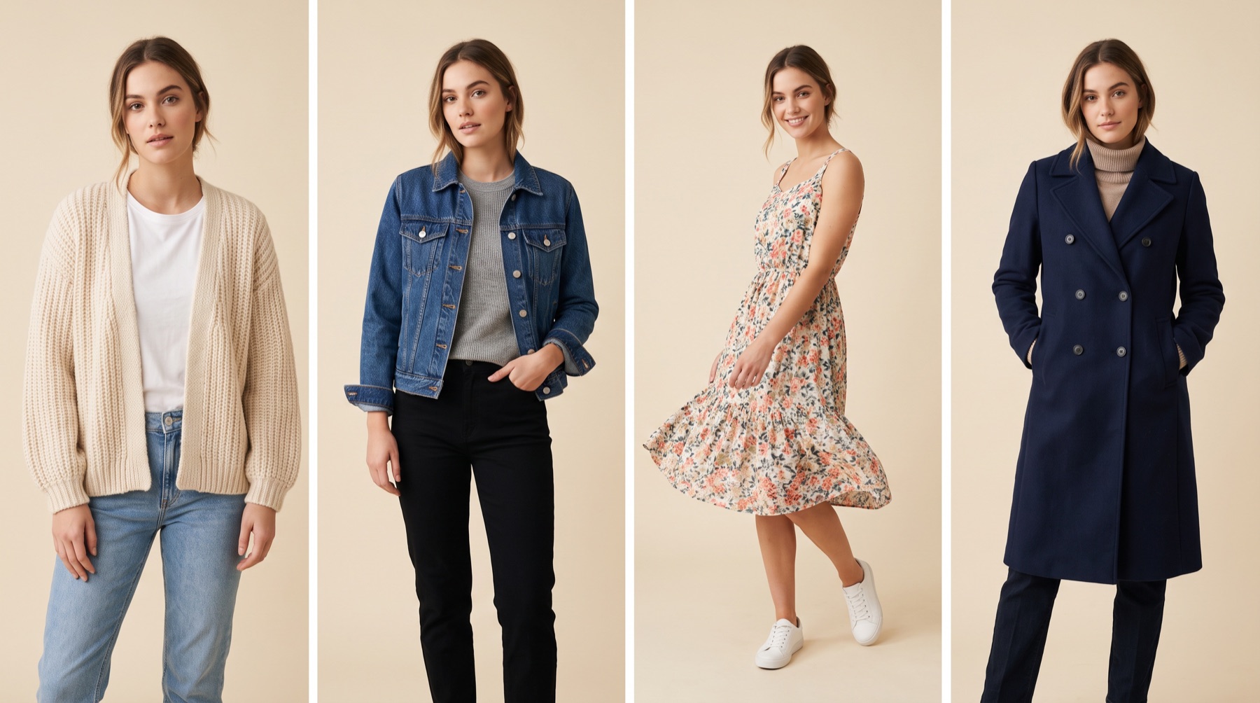 Four frames of the same AI model wearing four different outfits from one catalog