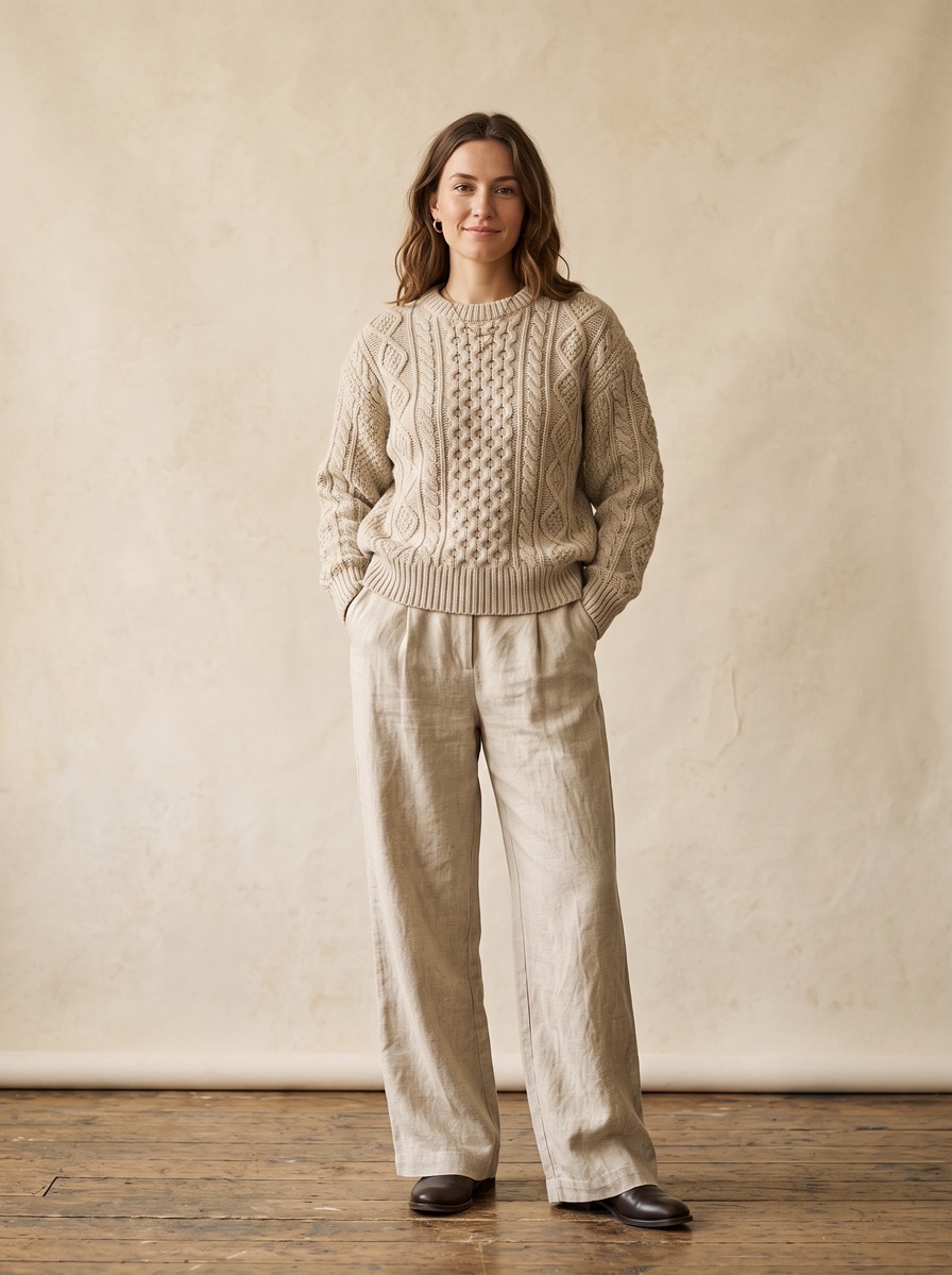The same sweatshirt and trousers worn by an AI model in a lookbook photograph